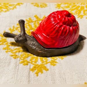 Vintage Cast Iron Snail Trinket Box Red Hinged Lid Match Safe 6"